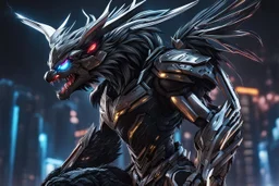 Cyber Machine symbiote in 8k anime realistic drawing style, volibear, thunder, neon effect, close picture, snow, black wings, apocalypse, intricate details, highly detailed, high details, detailed portrait, masterpiece,ultra detailed, ultra quality