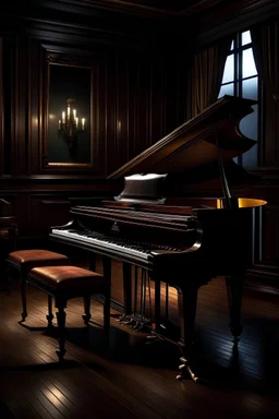 Fotografía de un piano de cola en una habitación oscura con muebles estilo antiguo, iluminada con luz cálida ténue y difusa