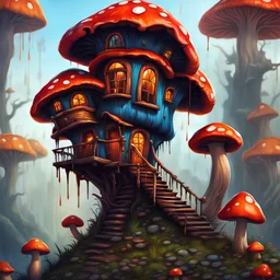 A weird mushroom house with drippy spots and eyeballs on a floating island. black blue red orange. Detailed gloss Painting, rich color, fantastical, intricate detail, splash screen, hyperdetailed, insane depth, concept art, 8k resolution, trendi
