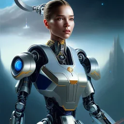 cosmos masterpiece, humanoid cyborg robot with sword hands, sango fantasy, fantasy magic, sharp focus, illustration, highly detailed, digital painting, concept art, matte, artgerm and paul lewin and kehinde wiley, full figure, fit in board, cyber punk, pretty accurate hands face fingers, natural aye, fit within portrait