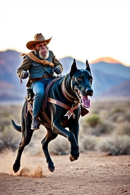A monkey with cowboy custom riding on a Great Dane black dog running in the desert
