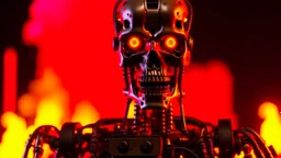 4K portrait of the real-life Terminator robot, firestarter, radio broadcast logo, flames in the background.