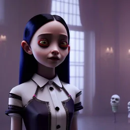 Addams Family film still of jenna ortega as a gothic schoolgirl, directed by tim burton highly detailed, volumetric lighting, unreal engine, 8k