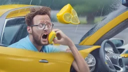 guy in hurricane arguing on phone next to his half lemon half kia sportage