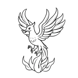 Make black and white cute drawing of a phoenix with black bold lines. Only outline, no grayscale. A glowing phoenix rising from flames.