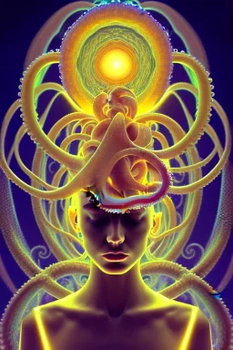 Spiritual being with Tentacles over human Head creating reality around, wrapping Spiral around Human, Psychedelic