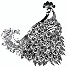 white, A peacock decoration, line art, white background, outline, with images neatly contained within the background, just black and white color, full body, no color. Looking front , front view, 8k, tatto style