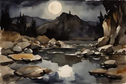 Night, rocks, puddle, gothic horror movies influence, puddle, mountains, epic, john singer sargent watercolor paintings