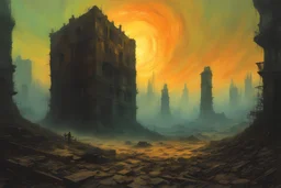 the catastrophic misfortune visited on the helpless and innocent by the machinations of rampant corporate greed in the style of Zdzislaw Beksinski, light luminous colors and otherworldly dystopian aesthetic of ruin and decay, highly detailed, 4k