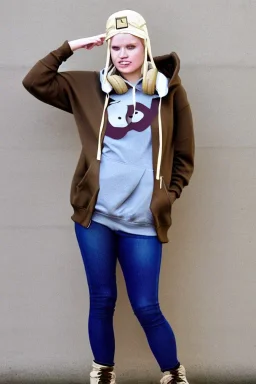 blonde women.thick thighs,thick calves,flat belly,curvy fell. NOVEL kind of hoodie, form which condescends with integrated bag[SIC]. It is sewed together of camouflage pieces, whose color are all denim colors,cream, brown and purple. Big colored headphones (gold rings!) is merged with small felt cap with small visor. Big bright purple felt tippet and birght-colored-hood is merged with colorful beanie. Inside is orange. Style: 1990's Finland