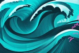 a background of surf waves with black linework, blue teal tones, surf culture, kawaii cute. + vector linework. swirling in bottom right. add pink and magenta graffiti lines over edges