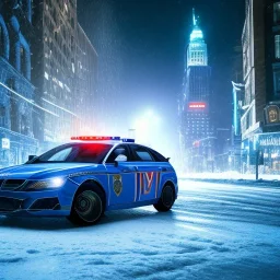 large muscular police officer standing beside a police car at night, downtown snowy new york at night, dramatic, dramatic lighting, volumetric lighting, hyperrealism, 8k, high quality, photorealistic, lot of details