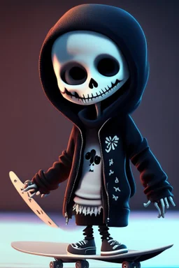 a cute animation boy, skateboarding , trendy hoody, 8 k, tim Burton skeleton style from the movie "night before Xmas", realistic animation, gothic