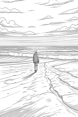 A solitary figure stands on an untouched, sandy beach, Footprints in the sand lead towards the horizon, symbolizing the freedom to explore and reflect in peaceful solitude.coloring book page, simple and clean line art, adult drawing book, black and white, crisp black lines, no shades, sharp lines, coloring book for adults, cartoon style, landscape