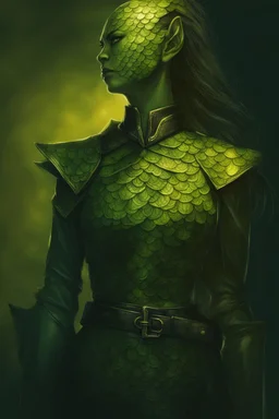 female yuan ti, green scales, wearing a black leather armor, dungeons and dragons