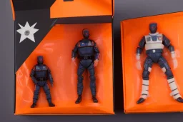 Mike pence G.i. joe toy doll space force uniform inside a blister package hanging on A rack in toystore, fluorescent orange, wide angle shot whole body, black moonboots