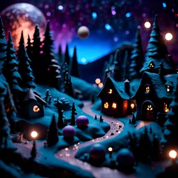Detailed creepy landscape made of modeling clay, village, stars and planets, volumetric light, naïve, Tim Burton, strong texture, Harry Potter, extreme detail, decal, rich moody colors, sparkles, bokeh, odd