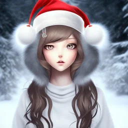 girl, Christmas hat on head, looking forward, anime art, cold weather, gray furry clothes,anime key visual of elegant young female