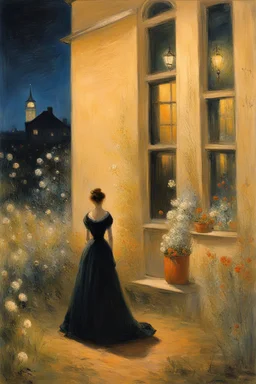 Night, vegetations, flowers, one woman, house, distant buildings, theodor philipsen, and claude monet paintings