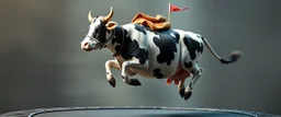 blind contour cow like space ship massage master guru fast moving motion blur background, jumping on trampoline