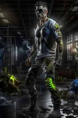 In a sleek, industrial studio setting, a photorealistic 12k ultra-high-definition rendering of a zombie model is captured in a mysterious pose. The zombie, adorned in a shirt made from elephant skin, pants are short ripped skinny pants, shoes are Crocs from elephant skin, thick soles with rollerblades,exudes a sinister aura under the studio's dark and mysterious lighting, creating an unsettling juxtaposition of the undead and the avant-garde."