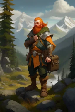 Realistisches Bild von einem DnD Charakters. Männlichen Zwerg mit orangenem Haaren. Er steht im Wald mit Bergen im Hintergrund. In der Hand hält er eine Armbrust.