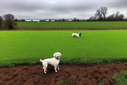 Photograph. Technological singularity. Post-apocalypse utopia. Machine, fake smile, staring eyes. Milky white lay figures torso on the ground. Grass, mud. dirt. Dog sniffing the torso. An yard of a farm is in the Background. Puddles. Zoom. Background is fussy. Cyborg's torso is dirty.