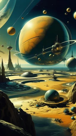 En primer plano satélites orbitando alrededor de un planeta, escenario futurista del año 2135, de fondo los demás planetas que conforman ese sistema con el estilo de Salvador Dalí