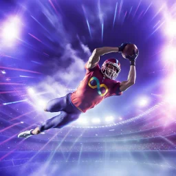 colourful rounded infinity symbol ∞ on shirt, American football player diving with an American football in both hands to score a touch down, striking, vibrant, chiaroscuro, dramatic, captivating, powerful, beautiful, octane render, 16k post-production, artstation: award-winning: atmospheric: commanding: fantastical: clarity: ultra quality: striking: brilliance: stunning colors: amazing depth; lens: f/11, 35mm