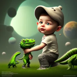 1yo little szymon is on safari onthe moon. petting a green dinosaur. he has big binoculars and a funny hat. High detailed. Cinematic. Digital painting. Warm lights.