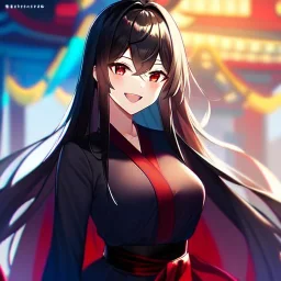 Clear focus, 8k, high quality, detailed, beautiful lighting, vibrant colors, black long hair, vibrant red eyes, girl, red and black miko, laughing