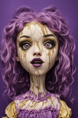 full color, illustration of a darkpurple and gold tones, menacing, Singer Melanie Martinez face, as a decayed, broken, crude homemade cloth doll toy, with a narrow cracked porcelain face, thick dark eyebrows, hair in two gradually, made from ragged strips of cloth, in the style of Alex Pardee, Tim Burton, and Nadya Sheremet