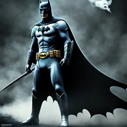 only batman, fly hair, mist around, highly realistic, highly detailed, warrior armor, mist around, smoke