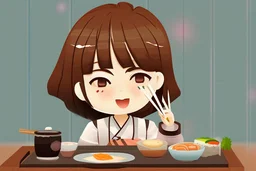 contented cute chibi girl eating sushi