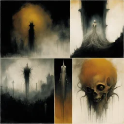 Nightmare frequencies, the undead dream screamers, Lovecraftian blind mystics, surreal horror, by Stephen Gammell and Kay Nielsen, by Zdzislaw Beksinski, by Denis Forkas, dark_green hues and yellow tints, uncentered, tilted, dynamic diagonal composition, eerie, sinister, dark colors, expansive, grand, creepily magnificent, octane render, Grotesque eyeless wonders, by Tracy Adams