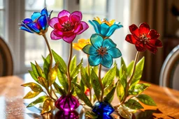 Coloured glass flowers set with gemstones, glittering metal stems and gemstone leaves on a room table sharp focus elegant extremely detailed intricate very attractive beautiful dynamic lighting fantastic view crisp quality exquisite detail in the sunshine gems and jewels