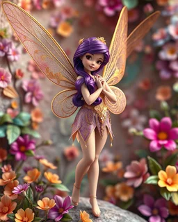 surreal blending picture in Luxurious outside fractals sharp colors,vibrant colorfull,standing pose sweet pose a Tinkerbell fairy wings queen hair purple, golden shiny adorned,in fractals 3d outside ,fractals colorfull fully of flowers and leaves wall background