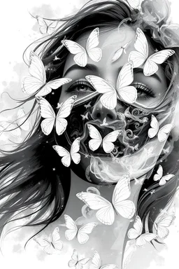 abstract a face of beautiful girl with a mask of white Butterflys flying away in black and white