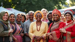 Nikon D850 with Nikkor 24-70mm f/2.8 lens at f/5.6: [18 volunteers from diverse ethnic backgrounds, including Cockney, Jewish, Asian, Polish, Scottish, Black, Chinese, Indian, and Japanese, gathered together at a vibrant multicultural festival in Wandsworth, London, showcasing their traditional attire and expressions], [warm sunlight casts a gentle glow on the scene, with subtle shadows accentuating the textures and colors of the clothing and surroundings], creating [unity and celebration]