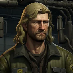 The submarine mechanic Blicke Blocknyckel, a blonde man with a mullet and muttonchops beard realistic grimdark