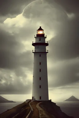 A lighthouse rises from a mountain, Steampunk style, hyperrealistic Photo, dramatisch light