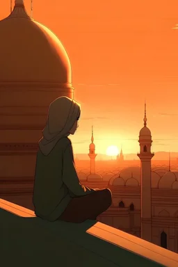 Animation cute girl sits on top of a building watching the setting sun behind the dome of the Prophet’s Mosque