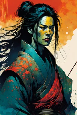 create an imaginative print illustration of an ethereal, otherworldly gaunt and withered ancient female ronin samurai vampire , in the comic book art style of Bill Sienkiewicz, Mike Mignola, and Jean Giraud Moebius, with highly detailed feminine facial features