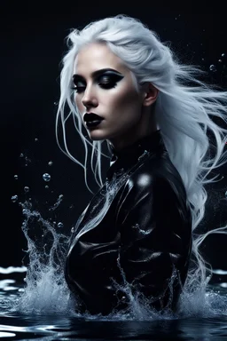 A beautiful Goth girl, dark black makeup, dark under eyes, white hair, action image of her braking water surface, freedom, dramatic, highly detailed, 8k, abstract