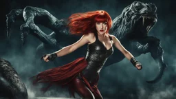 Full-body retro photo of a woman with straight red hair and a Fringe, in a fight with a monster, wrapped in tenacles, in an action pose, sci-fi Background