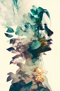 imagen triple exposicion de una mujer entre follaje estilo magico colores suaves