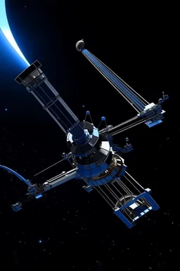 In a sci-fi starry sky background, a slender space flexible robotic arm is located on the satellite in the frame.