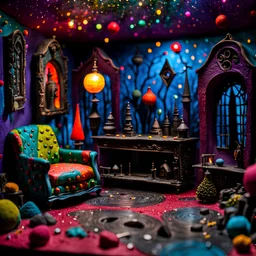 Detailed creepy living-room made of modeling clay, naïve, Tim Burton, strong texture, extreme detail, Max Ernst, decal, rich colors, sparkles, Yves Tanguy, bokeh, odd