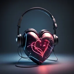 A heart in its natural shape radiates light, wearing a wired headset attached to a mobile phone, dark colors of the image