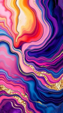 Create a visually striking iPhone wallpaper that blends abstract and natural elements. The scene should feature a vibrant, flowing mix of swirling colors and geometric patterns, with soft gradients transitioning into organic shapes like flowing water or clouds. Incorporate splashes of metallic gold or silver accents that catch the light, creating a dynamic yet serene composition. The overall aesthetic should evoke creativity, calmness, and elegance, with a modern, painterly feel.